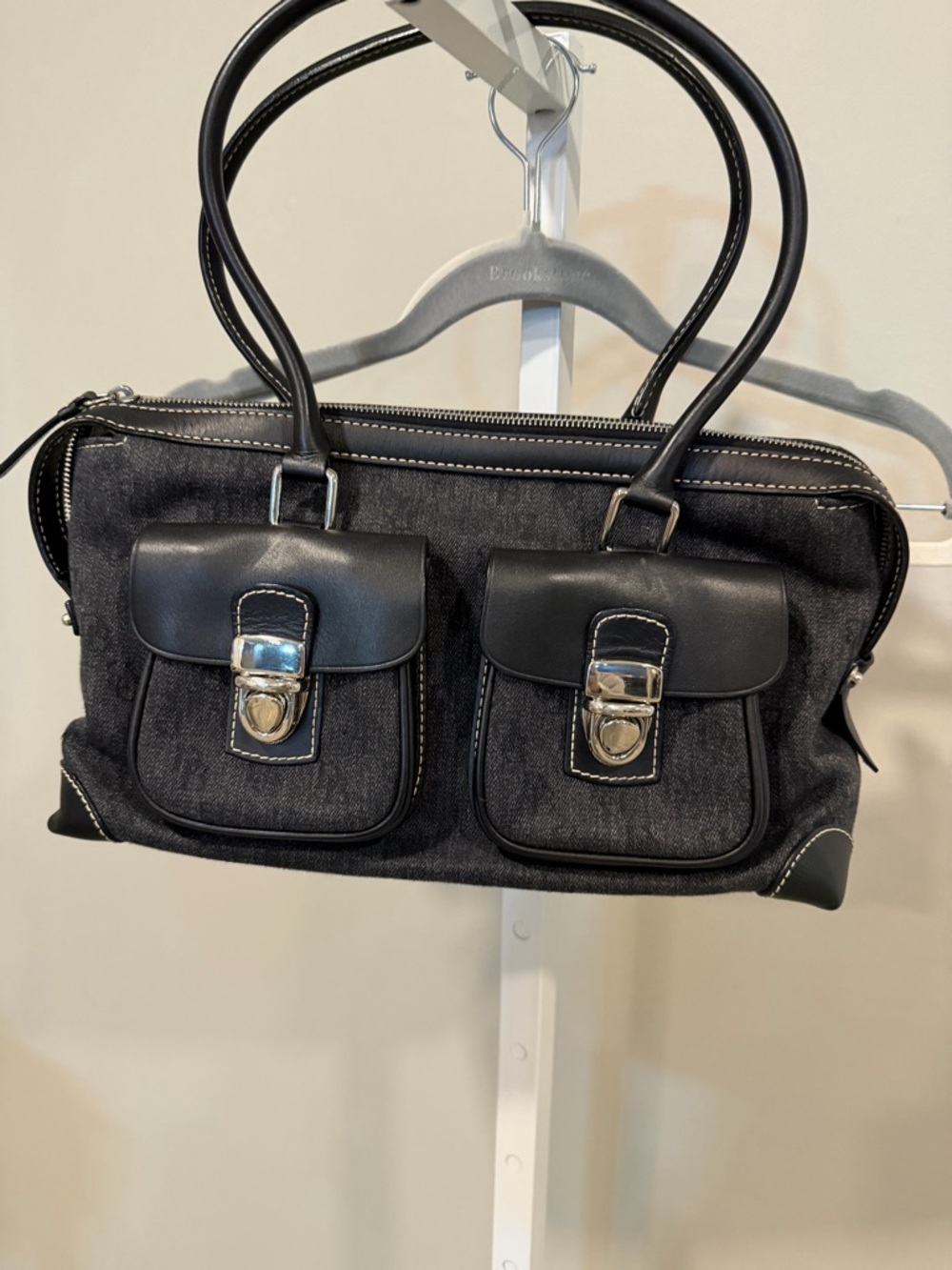 Black Dual-Pocket Satchel Handbag